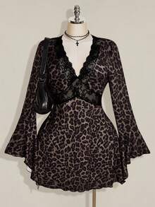 SHEIN ICON 女款大尺碼蕾絲拼接豹紋性感約會洋裝 - 棕色 - 查看 1