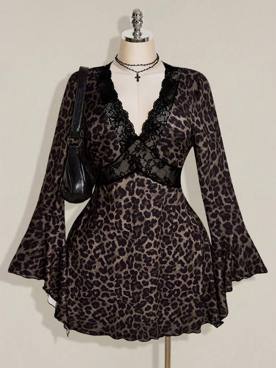 SHEIN ICON 女款大尺碼蕾絲拼接豹紋性感約會洋裝 - 棕色 - 查看 1
