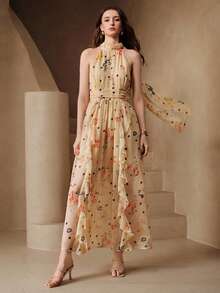 Arave Floral Polka Dot Print Halter Neck Cinched Waist Asymmetrical Hem French Casual Romantic Elegant Design Long Dress Wedding Party Garden Beige Summer - Apricot - View 7