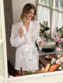 Snug Reverie Spring/Autumn Lightweight Hollow Embroidery Robe - White - View 6