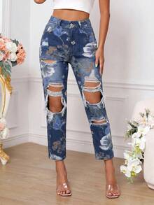 SHEIN PETITE 女款花卉圖案口袋鈕扣做舊設計休閒日常牛仔褲 - 藍色 - 查看 7