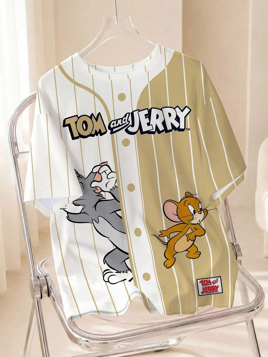TOM & JERRY X SHEIN 男士卡通印花宽松休闲短袖T恤 - 白色 - 查看 1