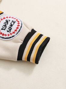 Playful Pals 2件組男孩大學風字母印花刺繡素色拼接前開扣休閒棒球長袖夾克與長褲套裝，羅紋領口、袖口與下擺設計，適合秋冬、戶外、街頭、日常穿著、運動、上學、旅行、度假 - 黑色 - 查看 7