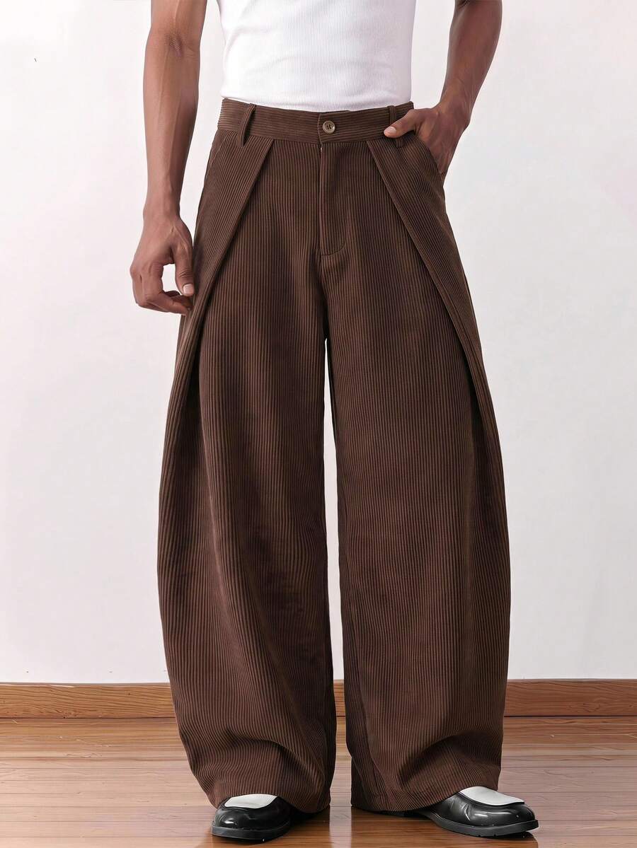 SWAVVY Men's Casual Versatile Solid Color Curved Leg Long Pants - Coffee Brown - View 1