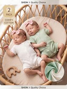 SHEIN Playful Pals 2pcs/Set Newborn Girl Jumpsuit Cute Bow Front Ribbed Short Sleeve Romper Cotton - Green - View 3