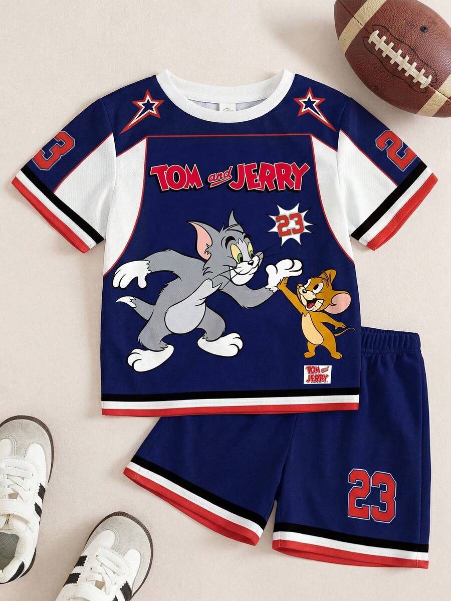 TOM & JERRY X SHEIN 男童夏季休闲撞色卡通印花T恤短裤套装 - 白色 - 查看 1