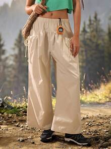Exploreva Exploreva Women's Solid Color Elastic Waist Pocket Design Loose Wide Leg Outdoor Long Pants - Apricot - View 1