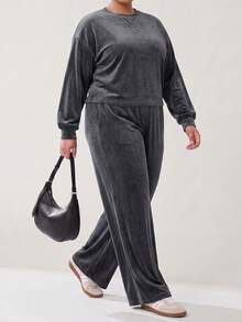 Solavibe Plus Size Autumn Casual Simple Traditional Elegant Solid Color Top And Pants 2 Pieces Set Fall Vacation Formal Black - Grey - View 2