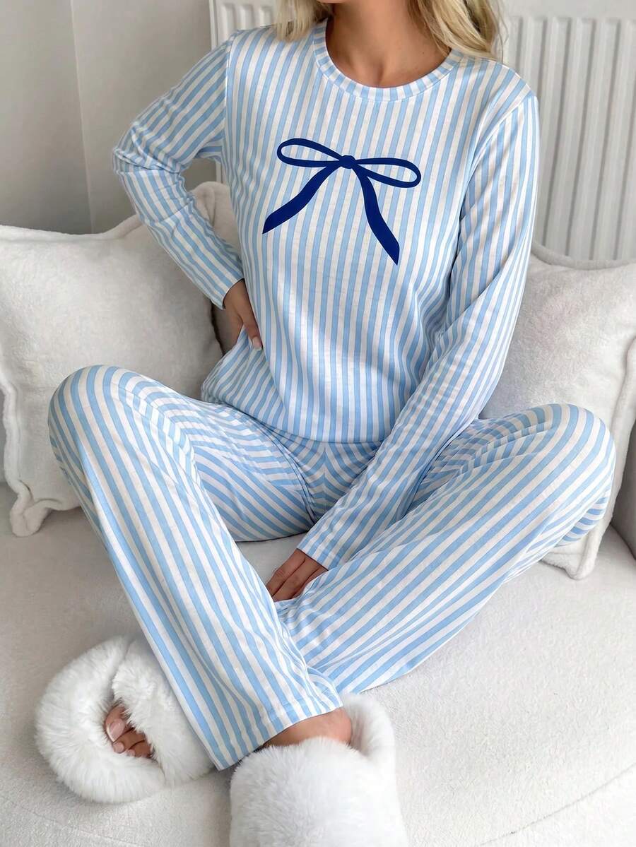SHEIN Women Cotton Blue Heart Neck Long Sleeve Top & Striped Bow Print Pants Pajama Set - Blue - View 1