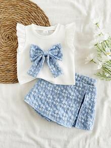 Vintaside Kids 6-9M-2-3Y 嬰兒女童兩件套，甜美藍色花卉提花布料蝴蝶結裝飾荷葉袖圓領上衣 & 鬆緊腰藍色開衩短褲，適合日常穿著、派對及其他場合 - 藍色 - 查看 3