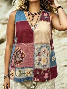 Linhara CURVE Débardeur décontracté à col en V avec imprimé floral pour femmes grande taille, été - Multicolore - Voir 4