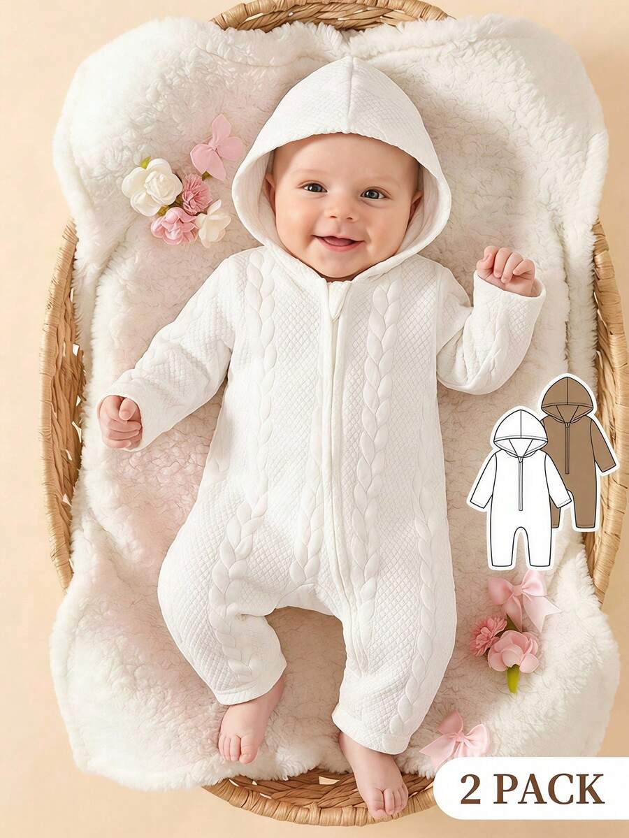 SHEIN 2件組新生兒極簡可愛中性色復古風連身衣，白色與棕色小麥提花長袖連帽前開襟拉鍊連身衣，秋季款