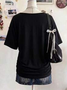 Lalippa Women's Black Textured One-Shoulder Batwing-Sleeve Loose Casual T-Shirt - Black - View 2