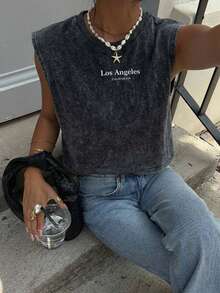 Tseoso 休閒街頭風白色字母圖案 62%棉 酸洗 女款圓領短版無袖背心上衣 夏季款 - 黑色 - 查看 6