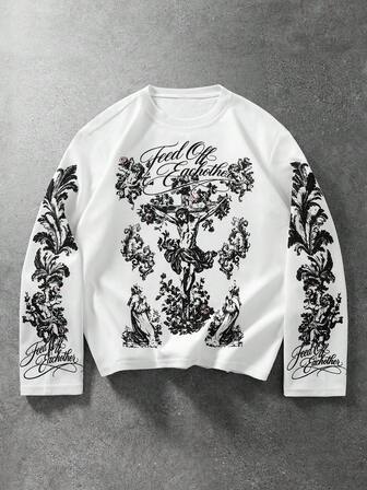 Maglietta casual versatile da uomo con stampa di lettere, girocollo e maniche lunghe