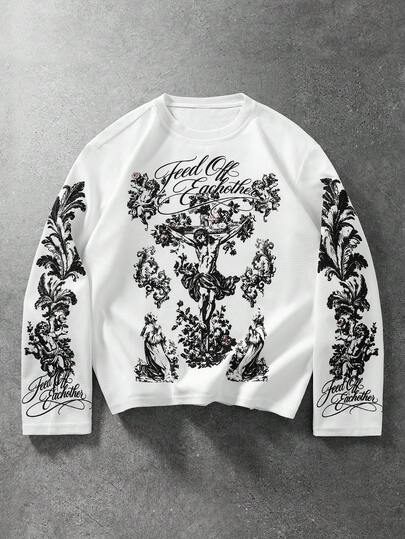 Maglietta casual versatile da uomo con stampa di lettere, girocollo e maniche lunghe