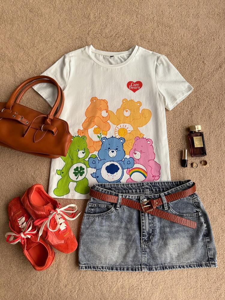 Slaydiva SHEIN X Care Bears 95% Cotton Full Print Women's Short Sleeve T-Shirt - Multicolor - View 3