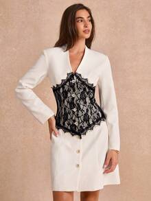 Enchnt Premium Pre-Fall Romantic Women's Elegant White Contrast Color Lace Blazer Dress,Casual Dress,Work Outfits,Formal Wear,Office Outfits For Women - White - View 4