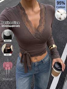 SHEIN PETITE Women's Solid Color Contrast Lace Waist Knot Long Sleeve Slim Fit T-Shirt Date Dark Brown,Summer,Autumn,Elegant,Soft Basic Everyday Top,Going Out - Brown - View 9