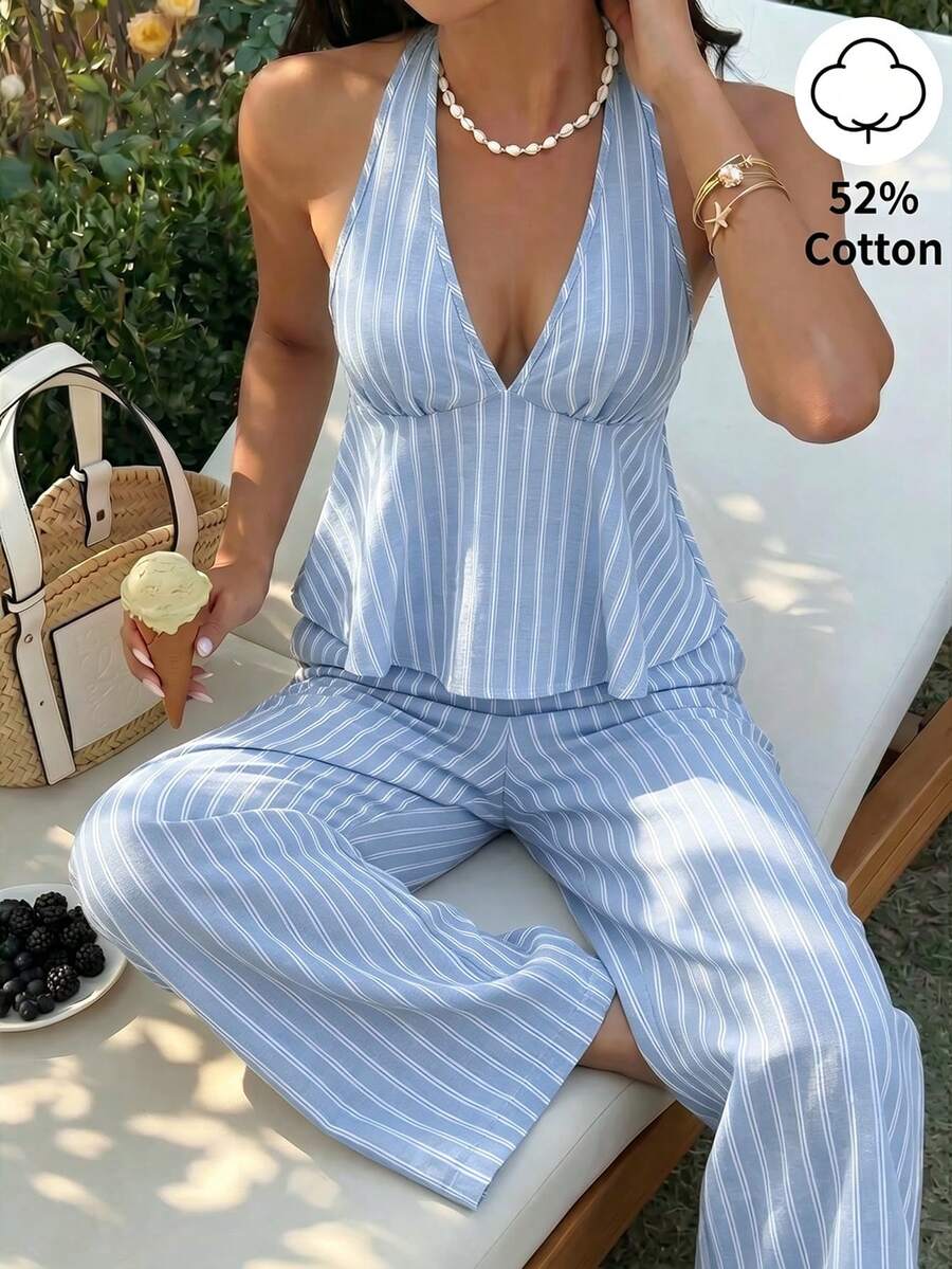 Sunnyshic Women's Spring/Summer Brown & White Striped Linen Textured Fabric V-Neck Halter Tie Backless Ruffle Tank Top Extended Length 2-Piece Set, Minimalist Versatile For Vacation, Commute, Office, Shopping, Dating, Daily Outings - Blue - View 1