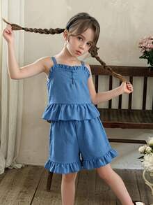 Genkimix Kids Young Girl Solid Color Ruffle Hem Camisole And Shorts Cute Set - Blue - View 3