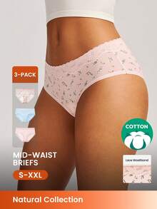 LUVLETTE 3-Pack Soft Cotton Basic Floral Print Lace Trim Mid-Waist Underwear Briefs-Pink - Multicolor - View 1