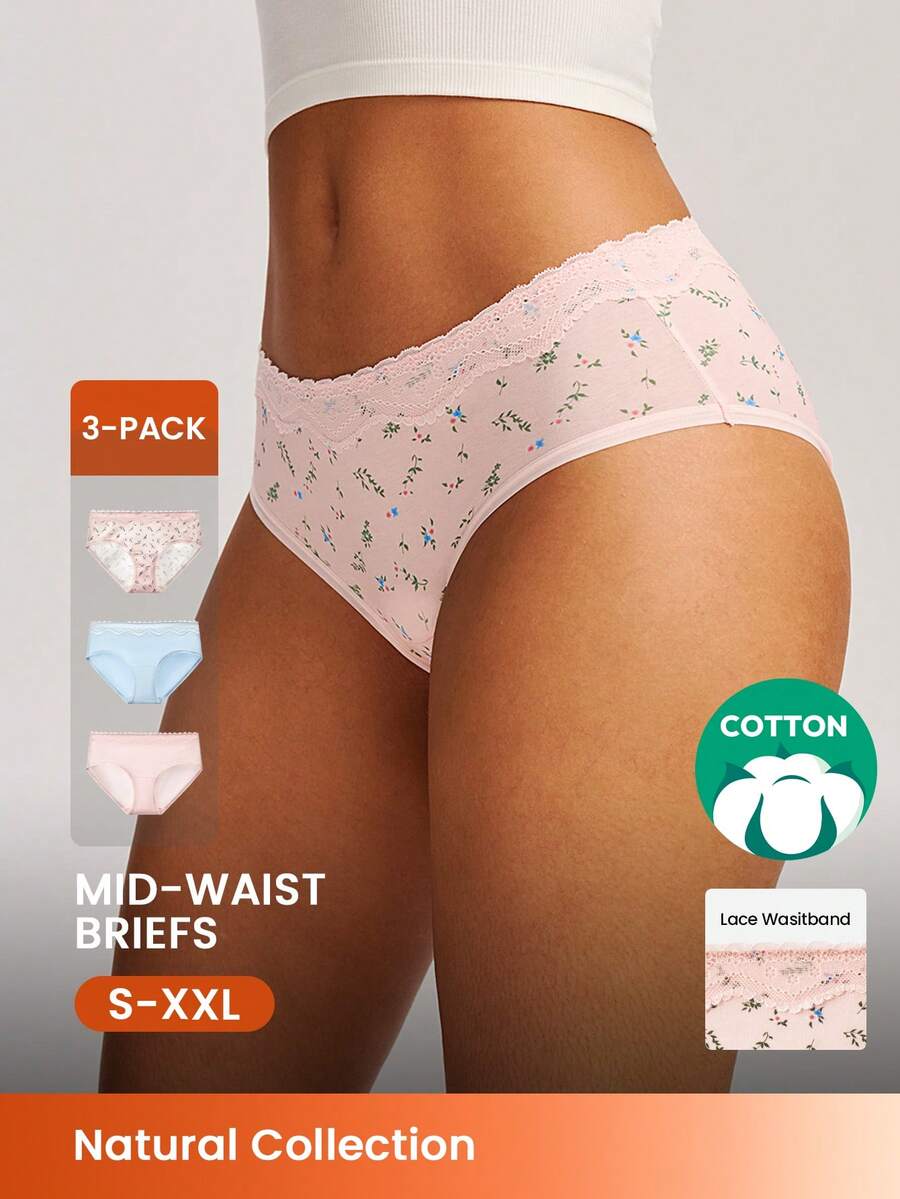 LUVLETTE 3-Pack Soft Cotton Basic Floral Print Lace Trim Mid-Waist Underwear Briefs-Pink - Multicolor - View 1