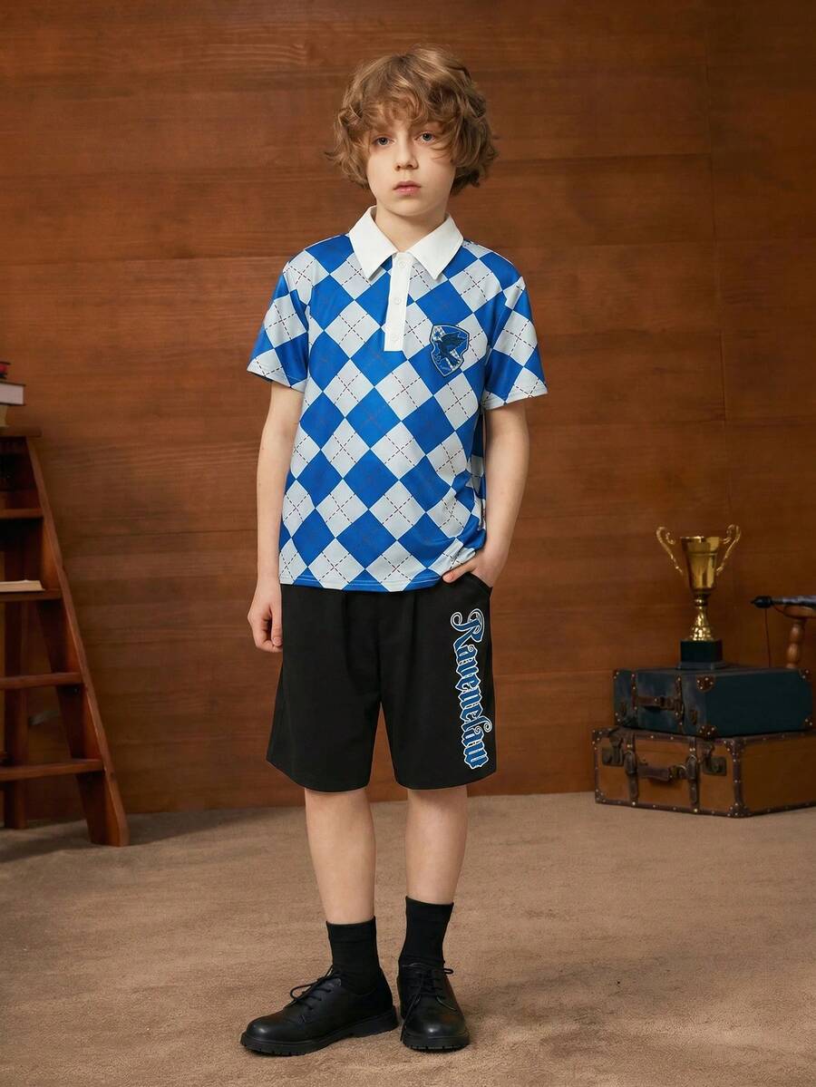 HARRY POTTER X SHEIN Tween Boy Ravenclaw House 1set Badge And Plaid Print Polo Shirt & Shorts - Blue - View 1