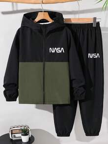 SHEIN Kids 2pcs Tween Boy Casual Sports Pattern Colorblock Hoodie Jacket & Pants Set, Suitable For , School, Daily Casual, Vacation, Sports, Autumn/Winter - Army Green - View 6