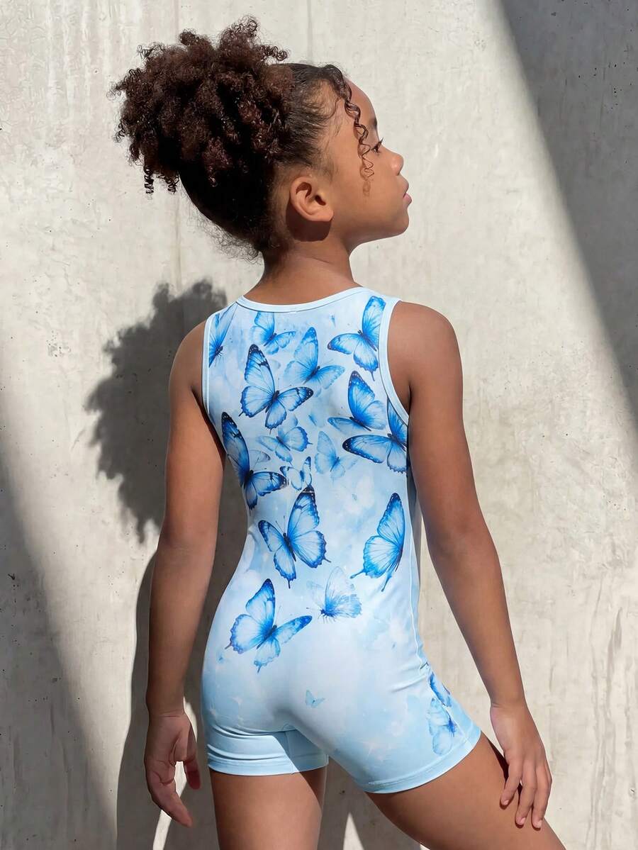 SHEIN Young Girl Butterfly Print Round Neck Romper - Blue - View 1