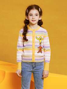 TOM & JERRY X SHEIN Tween Girl Cartoon Animal Stripe Print Round Neck Cardigan - Multicolor - View 3