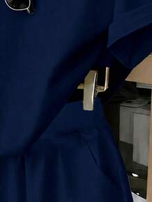 青少年女孩休閒街頭風極簡馬匹印花落肩袖寬鬆短袖T恤套裝－淺海軍藍夏季款 - 藍色 - 查看 4