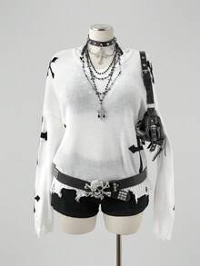 Sunspun 大尺碼女款十字圖案做舊寬鬆套頭毛衣 冬季萬聖節女裝服飾 - 白色 - 查看 5