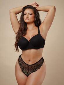 SHEIN BAE CURVE Sutiã Levantador Instantâneo de Tecido Canelado Sólido, Confortável e Casual para Mulheres Plus Size - Preto - Visão 7