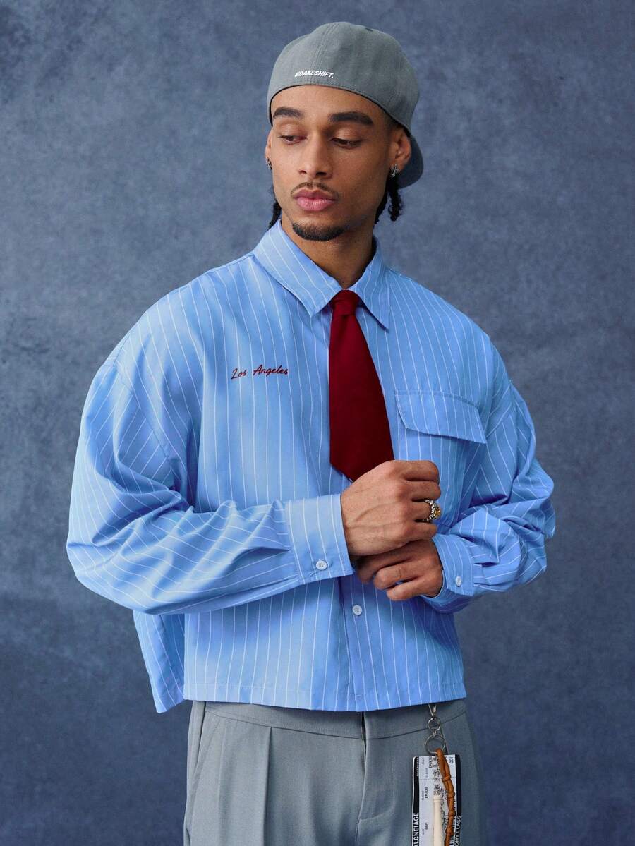 PAVTROS Light Blue Striped Men's Shirt, Red Tie & Embroidery, Summer Casual Streetwear - Blue and White - View 1
