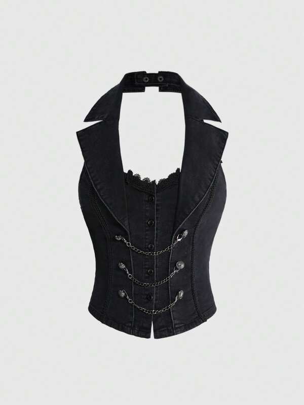 ROMWE Grunge Punk Top de mezclilla ajustado vintage con cuello halter, diseño de cadena con hebilla metálica, estilo corte napoleónico punk azul marino, primavera/verano