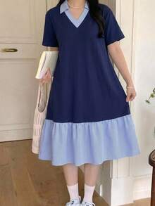 SHEIN 青少年女孩童裝海軍藍 Polo 領圖案荷葉邊下擺條紋拼接休閒洋裝，校服風格，適合學校、戶外活動、購物、日常穿著 - 彩色 - 查看 4