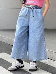 SHEIN Tween女孩淺藍色寬鬆寬腿牛仔褲，秋冬休閒度假Y2K牛仔女郎風，萬聖節返校穿搭 - 藍色 - 查看 4