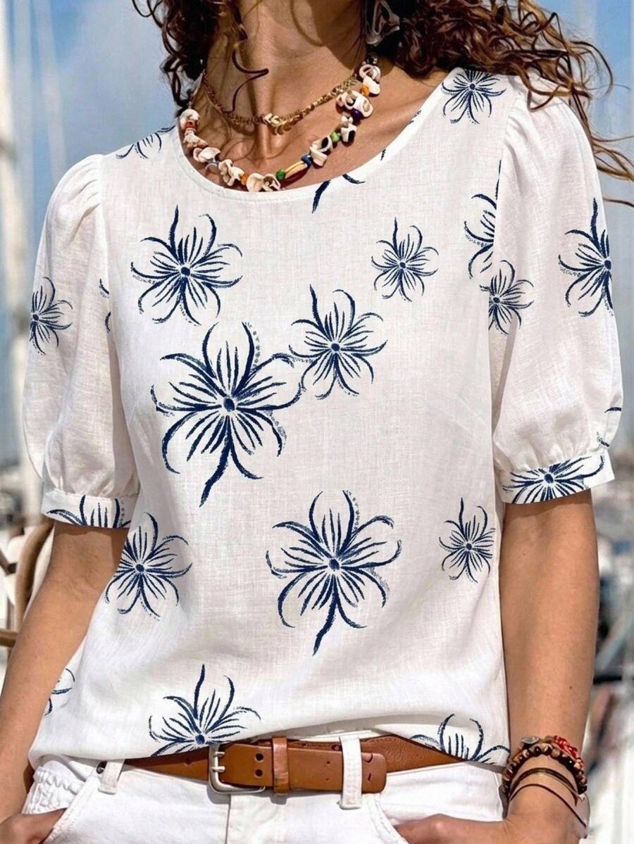 Faunlyn Women's Casual Commute Printed Lantern Sleeve Blouse - Multicolor - View 1