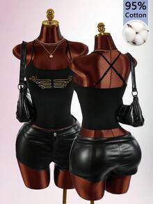 Amplova Black And Gold Foil Spaghetti Strap Sleeveless Fitted Military Style Vintage Sexy Criss-Cross Backless Women's Mini Tank Top Club Night Out Summer - Black and Gold - View 4