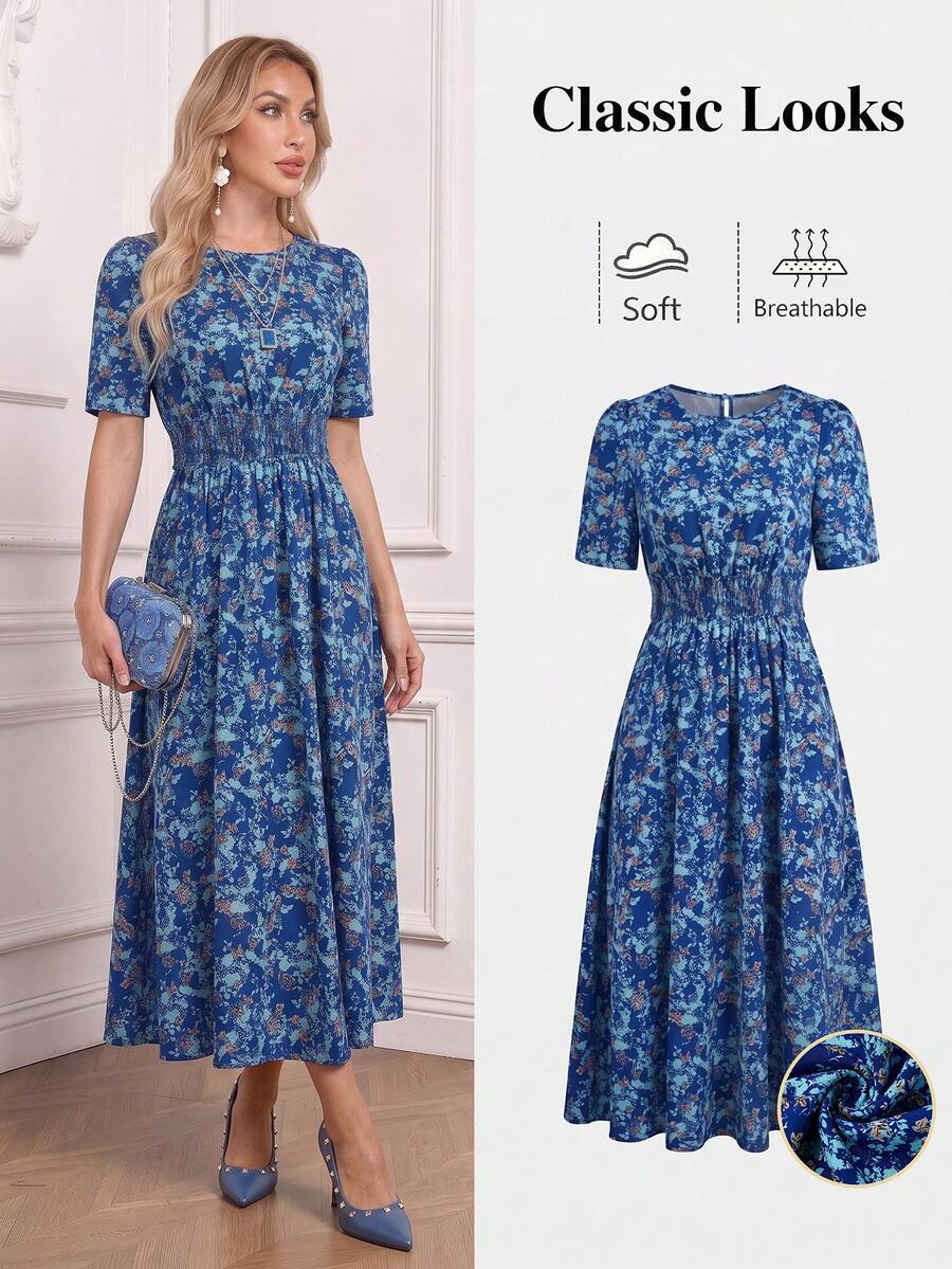 Ellevyn Round Neck Cinched Waist Sundress, Romantic Vacation Dress - Blue - View 1