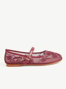CUCCOO CHICEST 新款圓頭平底酒紅色網布刺繡縫珠女鞋 時尚優雅舒適華麗 適合婚禮宴會 - 酒紅色 - 查看 7
