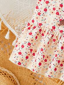 SHEIN Elladie kids 女童新款清新田園風精緻碎花兩件套，粉色蝴蝶結裝飾無袖背心上衣 + 粉色紋理布料寬腿長褲，甜美可愛時尚休閒套裝，夏季 - 棕色 - 查看 10