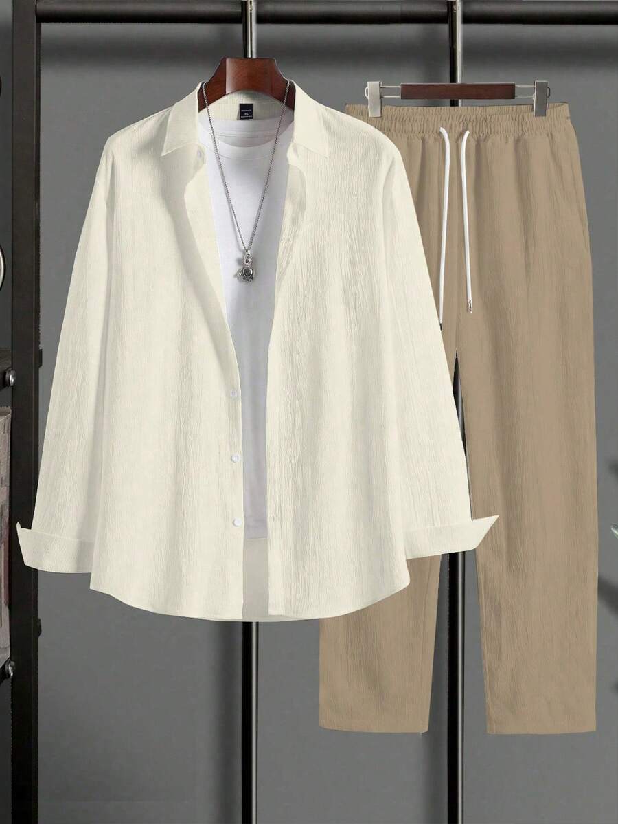 Manfinity Homme 2pcs Men's Casual Simple Button-Down Shirt & Drawstring Pants Set, Fall Clothes, Cozy Outfits, Formal - Khaki - View 1