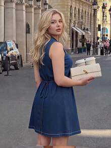 Dripcurv Plus Size Women's Solid Color Round Neck Casual Daily Wear Dress - Navy Blue - View 3