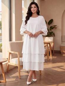 Auveirra Plus Size Women Solid Color Round Neck Casual Elegant Daily Autumn Dress Wedding Formal Tea Party Dinner White Fall - White - View 8
