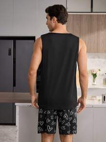 CoupledUp 男士純色刺繡愛心印花背心休閒睡衣套裝 - 黑色 - 查看 3