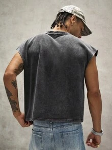 PAVTROS Men's Letter Embroidered Crew Neck Casual Versatile Tank Top - Black - View 2