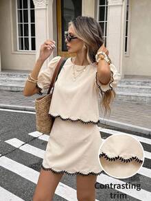 Conjunto de 2 piezas de top y falda para mujer con manga de pétalo, bordado de hojas y cuello redondo para uso diario en verano - Albaricoque - Ver 6
