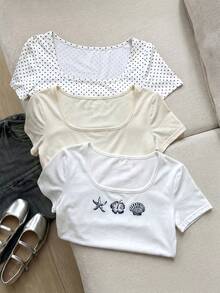 SHEIN 青少年女孩時尚休閒簡約百搭波點與純色方領短袖T恤 3件組 - 彩色 - 查看 4